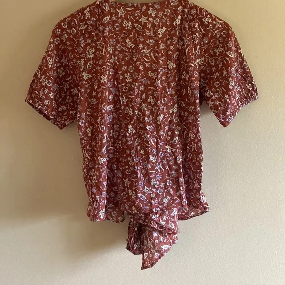NWT Madewell Floral Wrap Top XS Rust Floral Puff Sleeve Tie Waist Blouse